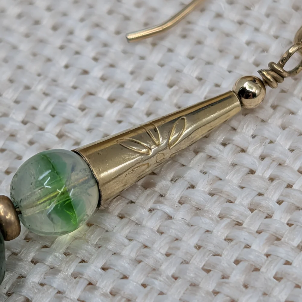 Vintage Handmade Green Glass Dangle Earrings | Boho Drop Style | Lightweight